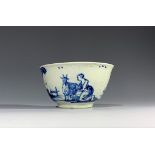 A very rare Vauxhall tea bowl, circa 1756, with English style blue and white decoration depicting