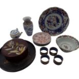 Miscellaneous Chinese and Japanese porcelain, mainly Imari, a Japanese lacquered circular box and
