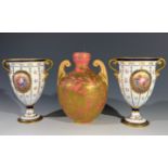 A pair of Royal Crown Derby urn shaped vases with floral cartouches, height 12.5cm, and a Derby twin