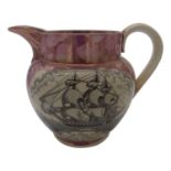 A 19th century Sunderland lustre jug, transfer printed with a three masted ship and verse 'Thou