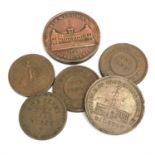 Six 19th century copper tokens including Bilston twopence and Birmingham Workhouse threepence.