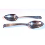 Two Exeter bright cut Georgian silver table spoons. 1785 by Joseph Hicks and 1799 by Richard