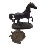 A late 19th century spelter Marly horse, together with a cast metal dish moulded with a horse and