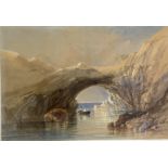 English School, 19th Century Rowing at sunset, along a rocky coast Watercolour Indistinctly signed