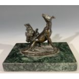 An early 20th century bronze model of a greyhound seated by a game bag, on green veined marble base.