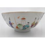 A Chinese famille rose bowl, 18th century, decorated with interior scenes of figures and tables,