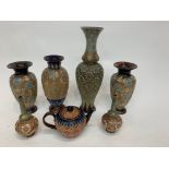 A pair of Royal Doulton Lambeth Slaters stoneware bud vases, no 8388, a pair of Doulton Slaters