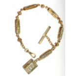 A 9ct gold watch chain set five panels of gold flecked quartz and with a white and blue enamel and