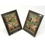 A pair of Indian painted fabric panels, each depicting courtly figures with an elephant. (