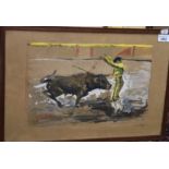 Spanish School. 20th Century Matador with bull charging Coloured print Signed in the plate and