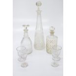 A set of four Regency syllabub glasses, a Turkish market gilt glass decanter and other glass.