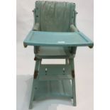 A 1930s metamorphic child's high chair, painted duck-egg blue. (Dimensions: Chair height 94cm.)(