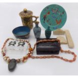 Miscellaneous to include Japanese cloisonne, Chinese porcelain plate, hardstone necklaces etc.