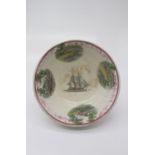 A 19th century Sunderland lustre large bowl, printed and coloured with a sailing ship, hunting