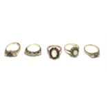 Five 9ct gold dress rings.