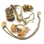 A Victorian gilt fob watch chain, a gold cased ladies wristwatch, dental gold etc.