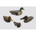 Five wooden decoy ducks including a Teal and a Diver. (Dimensions: Tallest 18.5cm x 35.5cm.) (Qty: