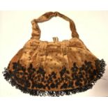 Brown velvet evening clutch purse with elaborate foliate decoration and fringing in jet seed