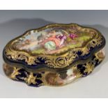A late 19th century Sevres style porcelain box with gilt metal mounts, the hinged cover decorated