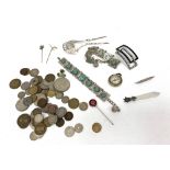 Swiss coins including silver, stick pins bracelets, a silver mounted bookmark, etc.