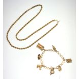 A gold charm bracelet and a gold rope necklace, 23gm.