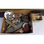 A large box of miscellaneous toys in very mixed condition including wooden ships, lead soldiers, tin