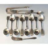A set of eight Exeter silver early Victorian fiddle pattern teaspoons together with a pair of silver