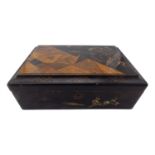 A Japanese black lacquer and marquetry work box, 19th century, gilt decorated with birds amongst