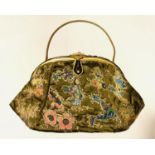 Extremely fine olive green silk evening clutch purse with Chinese embroidery in coloured silks and