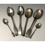 A pair of Irish silver fiidle pattern dessert spoons, Dublin 1843, together with four other silver