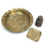 A Chinese square tray with calligraphy, a 19th century European shallow brass bowl, and a Chinese