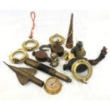 A group of four brass portholes, three rigging blocks, a telescope and sundry. (Dimensions: The