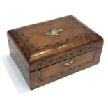 A burr walnut sewing box, with herringbone banding, abalone and mother of pearl inlay. (