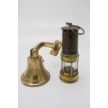 A brass and iron Davey lamp and a heavy brass bell (2).