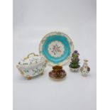 A Spode teacup and saucer with butterfly handle, a Chelsea Derby plate, a Derby sauce tureen with