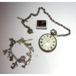A silver cased key wind pocket watch and silver chain, together with a silver chain and a ring.