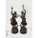 A pair of early 20th century spelter table lamps after Moreau, each modelled as a young woman, on