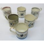 A collection of six royal commemorative mugs, designed by Richard Guyatt, two 1953 Coronation,