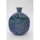 A large Lamorna pottery blue glazed flask shape vase, decorated with birds in flight over water,