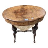 A Victorian burr walnut work table, height 72cm, width 63cm.