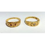 A pretty late Victorian 15 ct gold ring set with tiny diamonds. Together with one other gold ring.