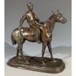 A spelter figure of a jockey on horseback. (Dimensions: Height 20cm, width 21cm.)(Height 20cm, width