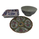 A Chinese blue and white bowl, height 7cm, an imari dish and a canton plate.