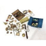 A scarab seal, assorted jewellery etc, mostly in two small jewellery boxes.