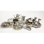 A large quantity of silver plated items, including trays, a four piece tea and coffee set etc.