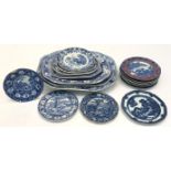 Miscellaneous blue and white pottery to include six meat plates and seventeen plates.