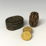 A Japanese metal snuff box, a Tunbridge ware wax barrel and two gilt studs.