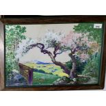 Monica BARNES Landscape with a cherry blossom tree Gouache and watercolour Signed with monogram