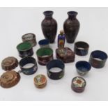 Miscellaneous to include a pair of Japanese cloisonne vases, napkin rings, etc.