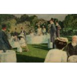 British, 20th Century A Formal Garden Party Oil on board (Dimensions: 31 x 48cm.)(31 x 48cm.)